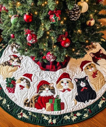 Kitty Claus Celebration Quilted Christmas Tree Skirt - Santa Cat Holiday Tree Skirt, Soft Quilted Seasonal Décor