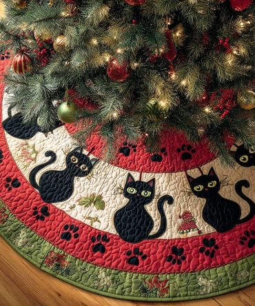 Kitty Steps Quilted Christmas Tree Skirt - Playful Cat Paw Holiday Base Cover, Soft Fabric, Machine Friendly