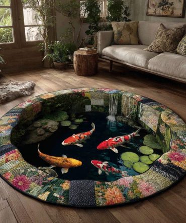 Koi Garden Round Rug - Botanical-Inspired Plush Area Rug With Koi & Garden Motif, Soft Durable Fibers And Anti-Slip Backing For Indoor Spaces