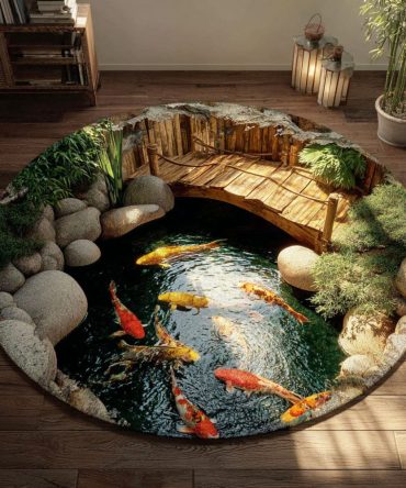 Koi Garden Circular Area Rug — Colorful Koi Fish Design Soft Round Carpet For Home Decor, Durable Low-Pile Mat With Anti-Skid Backing