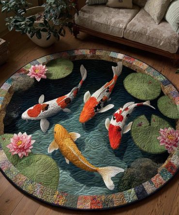 Koi Harmony Signature Rug - Balanced Round Area Rug With Elegant Koi Pattern, Plush Comfort, Easy-Clean Fabric And Secure Non-Slip Backing For Homes