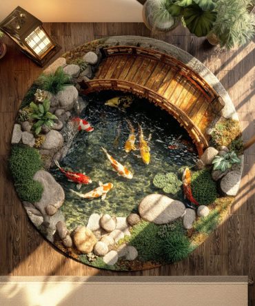 Koi Haven Round Area Rug — Elegant Koi Pond Design Plush Carpet For Entryway, Living Room & Bedroom With Durable, Non-Slip Construction