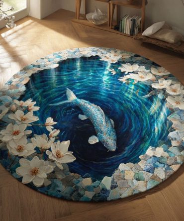 Premium Koi Oasis Round Area Rug — Vibrant Koi Fish Motif Plush Carpet For Living Room, Bedroom & Entry With Non-Slip Backing