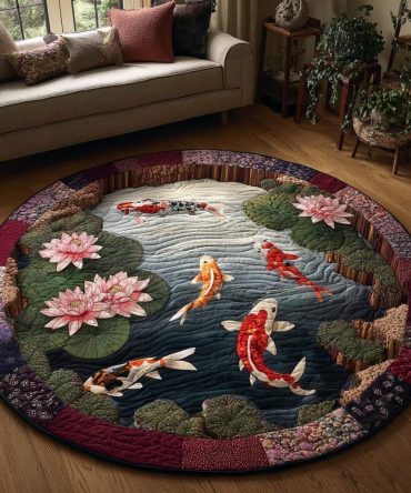 Koi Reflections Round Rug - Artistic Plush Area Rug With Reflective Koi Design, Soft Texture, Fade-Resistant And Slip-Safe For Living Areas