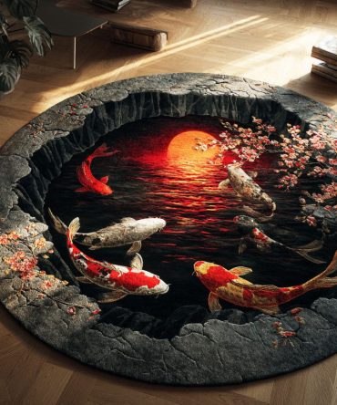 Koi Serenity Round Area Rug — Serene Koi Pond Artwork Plush Floor Mat For Living Room, Bedroom & Meditation Space With Slip-Resistant Base