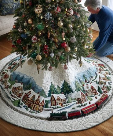 Kris Kringle Locomotive Quilted Tree Skirt — Festive Train-Themed Christmas Base Cover For Playful Holiday Displays