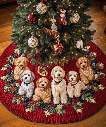 Labradoodle Adventure Quilted Tree Skirt — Playful Dog Design For Holiday Decorating, Cozy Quilted Base For Gifts