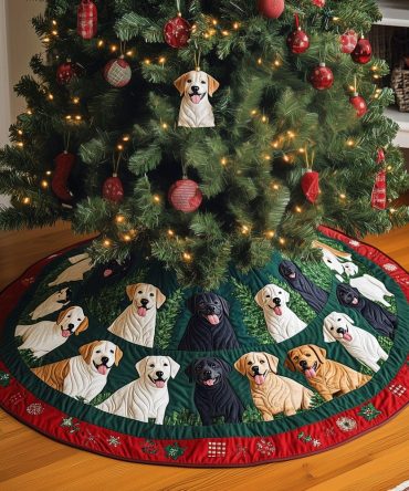 Labrador Christmas Cheer Quilted Tree Skirt — Cheerful Labrador Artwork, Generously Sized, Durable Quilting For Holiday Gifting & Decor