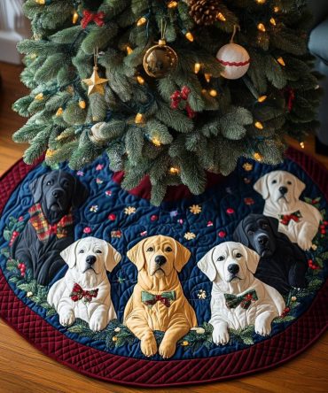 Festive Dreams Labrador Quilted Christmas Tree Skirt — Cozy Dog-Themed Holiday Accent, Soft Padded Round Base Cover
