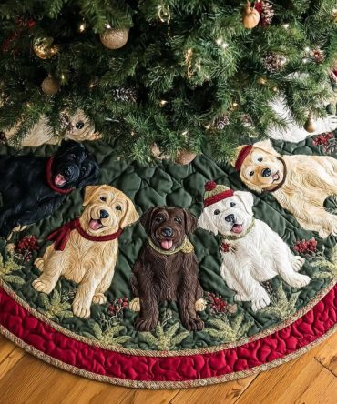 Labrador Cheer Quilted Tree Skirt — Joyful Dog Lover Christmas Base Cover, Premium Quilted Holiday Decor & Gift Idea