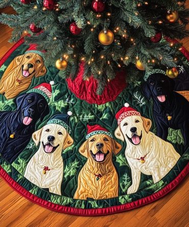 Under The Tree Labrador Quilted Holiday Skirt — Decorative Dog-Themed Round Tree Base Cover, Durable Quilted Finish