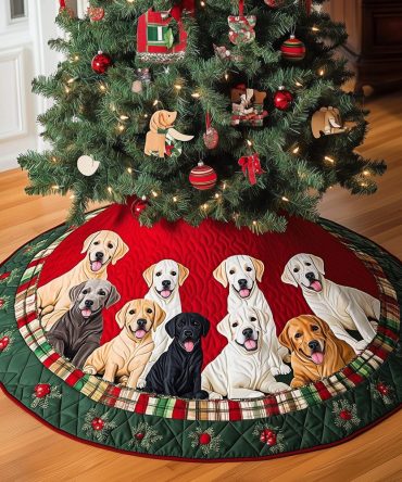 Labrador Xmas Joy Quilted Tree Skirt — Joyful Labrador Print, Generously Sized Quilted Christmas Skirt, Easy-Care Holiday Accent For Dog Homes