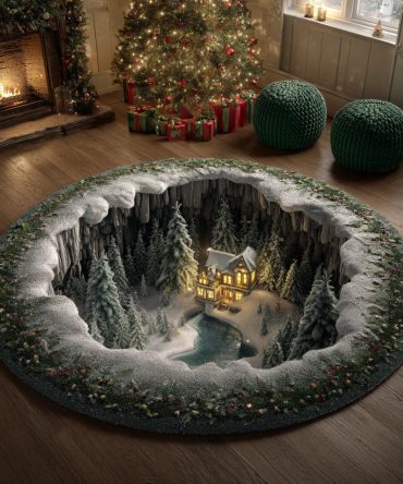 Lakeside Christmas Village Round Rug — Scenic Holiday Area Rug For Cozy Living Rooms & Entryways , Plush, Non-Slip, Fade-Resistant Print