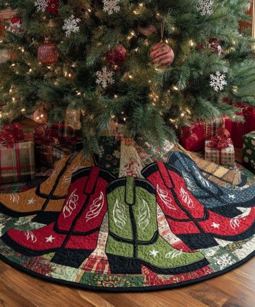 Lasso Life Quilted Christmas Tree Skirt — Cowboy-Themed Quilted Holiday Tree Skirt For Rustic & Western Home Decor, Easy Wash & Secure Tie