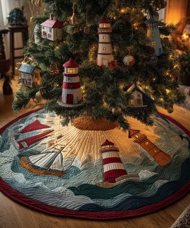 Lighthouse Coastal Glow Quilted Tree Skirt — Warm Nautical Christmas Accent With Lighthouse Motifs And Luxurious Quilting