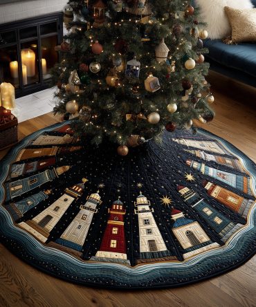 Lighthouse Night Wonder Quilted Tree Skirt — Starry Coastal Christmas Base With Elegant Quilting, Perfect For Nautical Themes