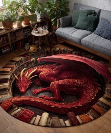 Literary Guardian Dragon Round Rug - Scholar-Inspired Round Area Rug For Home Library, Office Or Study With Intricate Motif And Durable Weave