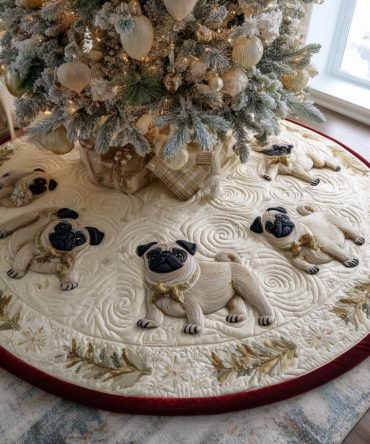 Little Pug Magic Quilted Tree Skirt — Adorable Mini Pug Motif Christmas Skirt, Cozy Quilted Holiday Accent For Dog Lovers