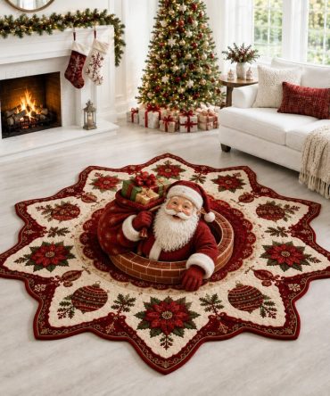 Loaded Santa Shaped Area Rug — Jolly Santa Claus With Presents Holiday Floor Mat, Plush Comfort, Non-Slip & Durable Print