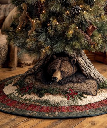 Log Cabin Quilted Bear Tree Skirt — 48In Cozy Woodland Christmas Skirt, Plush Reversible Polyester, Easy Care Holiday Accent