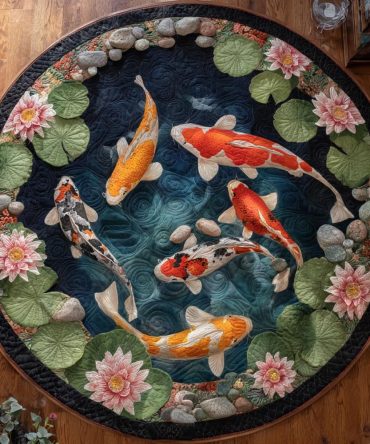 Lotus Koi Harmony Rug - Round Plush Area Rug With Floral Koi Pattern, Durable Easy-Care Fibers, Non-Slip And Hypoallergenic For Home Use