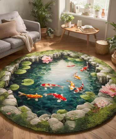Lotus Koi Accent Rug - Elegant Round Plush Area Rug With Lotus & Koi Motif, Soft Pile, Non-Slip Backing For Living Room And Bedroom