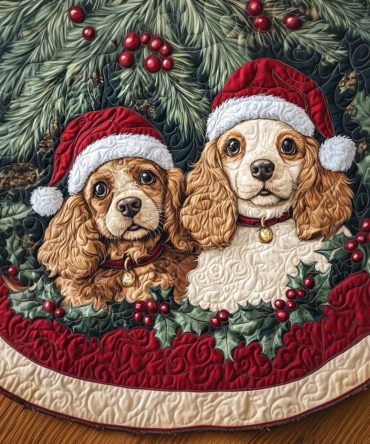 Loving Spaniel Quilted Christmas Tree Skirt - Adorable Dog-Themed Holiday Tree Skirt, Soft Quilting, Durable & Machine Friendly