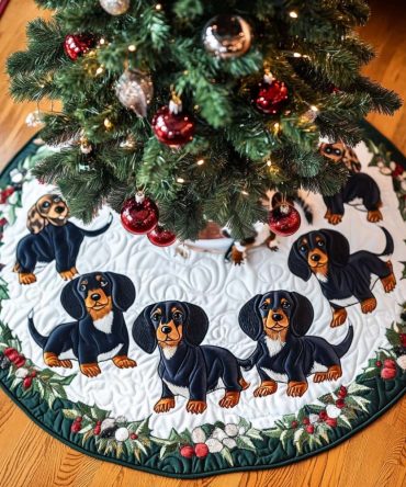 Lowrider Legends Quilted Hotdog Christmas Tree Skirt — Retro Dachshund Holiday Base, Soft Quilting, Durable & Machine-Washable