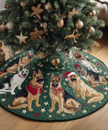 Classic Quilted Holiday Tree Skirt With Loyal German Shepherd Portrait — 48-Inch Pet-Themed Christmas Décor, Easy Care & Cozy Texture