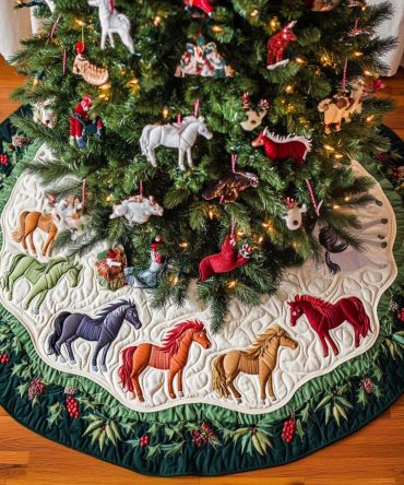 Majestic Meadows Quilted Horse Christmas Tree Skirt — Scenic Western Holiday Skirt, Thick Quilting, Machine Washable & Stylish