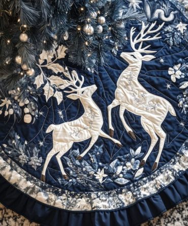 Elegant Majestic Reindeer Quilted Tree Skirt - Luxury Holiday Accent, Embroidered Details, Soft Quilting, Ready To Decorate Your Xmas Tree