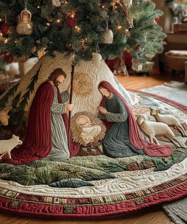 Manger Glory Quilted Christmas Tree Skirt — Radiant Nativity Motif With Quilted Texture, Premium Holiday Tree Skirt For Sacred Displays