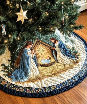 Manger Joy Quilted Nativity Tree Skirt — Elegant Religious Christmas Base Cover, Soft Quilting, Sacred Holiday Home Accent & Keepsake
