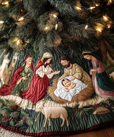 Manger Of The Meadow Quilted Christmas Tree Skirt — Rustic Nativity-Inspired Holiday Base For Cozy, Farmhouse & Cottage Décor