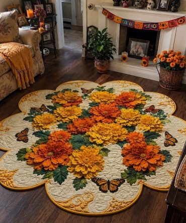 Marigolds In Memory Premium Custom Rug — Lush Marigold Garden Design, Soft Plush Feel, Non-Slip Backing For Altars & Living Spaces