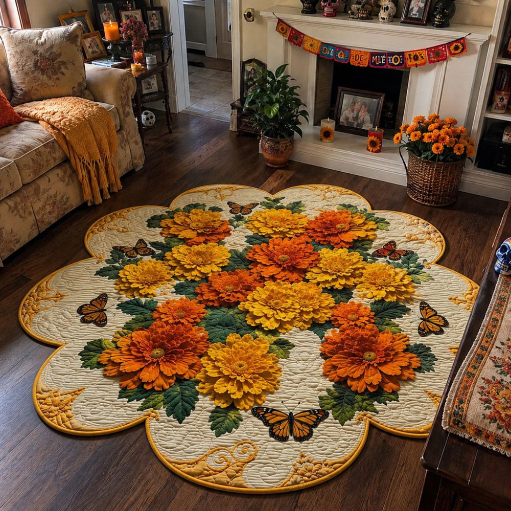Marigolds In Memory Premium Custom Rug — Lush Marigold Garden Design, Soft Plush Feel, Non-Slip Backing For Altars & Living Spaces