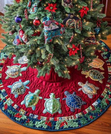 Marine Dream Quilted Christmas Tree Skirt — Underwater Seashell & Coral Holiday Mat, 52-Inch Cotton, Durable & Washable