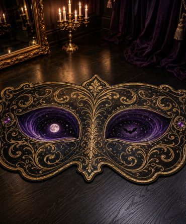Masquerade Vortex Decorative Rug — Dramatic Mask-Themed Custom-Shaped Area Rug For Gothic & Event Décor, Plush Non-Slip Floor Accent