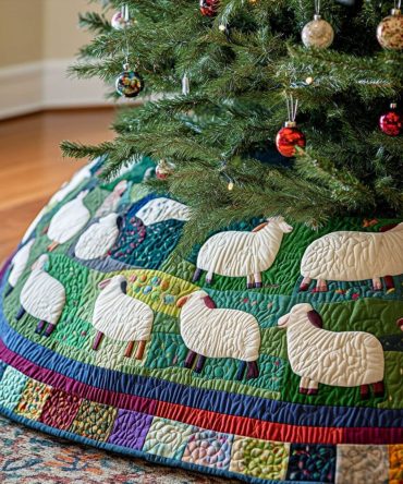 Meadow Mornings Quilted Christmas Tree Skirt — Cottage Farmhouse Style, Plush Cotton, 48" Round Holiday Decor