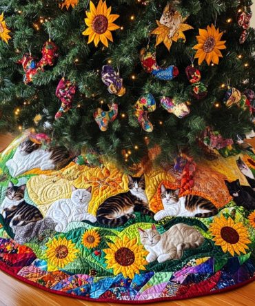 Meow Magic Quilted Christmas Tree Skirt — Playful Cat Motifs, Premium Quilted Cotton, Machine Washable, Perfect Holiday Gift, Fits Most Tree Sizes