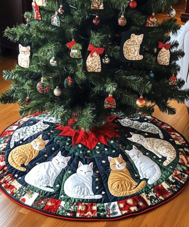 Meowy Christmas Quilted Tree Skirt — Cute Cat Holiday Print, Soft Quilting, 48-Inch Round, Machine-Washable & Family-Friendly