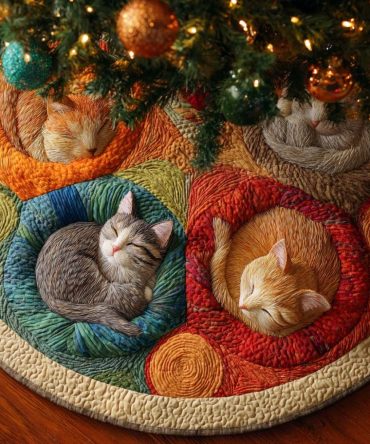 Meowy Holiday Quilted Christmas Tree Skirt — Cute Cat-Themed Quilted Tree Skirt For Pet Lovers, Cozy Holiday Accent & Gift Idea
