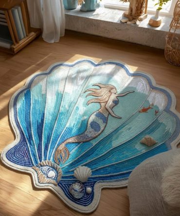 Mermaid Lagoon Custom-Shaped Area Rug — Whimsical Mermaid Lagoon Artwork, Soft Washable Rug With Non-Slip Backing For Nursery & Beach Decor