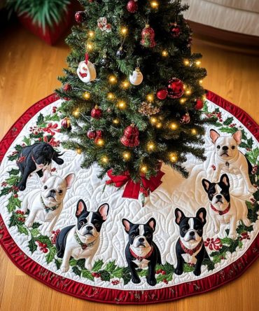 Merry Boston Terrier Magic Quilted Tree Skirt — Playful Pup Pattern Christmas Skirt, Perfect Holiday Accent For Dog-Friendly Homes