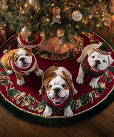 Merry Bulldog Night Quilted Tree Skirt — Festive English Bulldog Holiday Décor, Plush Quilting, Durable, Perfect Gift For Dog Fans