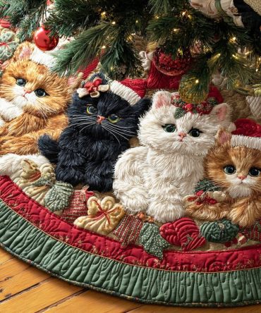 Merry Cat Magic Quilted Christmas Tree Skirt — Playful Cat-Themed Quilted Skirt, Pet-Friendly Holiday Decor & Easy Care
