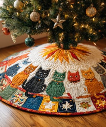 Merry Quilted Cat Christmas Tree Skirt — Cheerful Patchwork Tree Base Cover, Soft Holiday Accent, Perfect Present For Cat Lovers