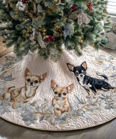 Merry Chihuahua Quilted Holiday Tree Skirt — Festive Small Dog Christmas Skirt, Bright Quilting, Ideal Pet Stocking Stuffer