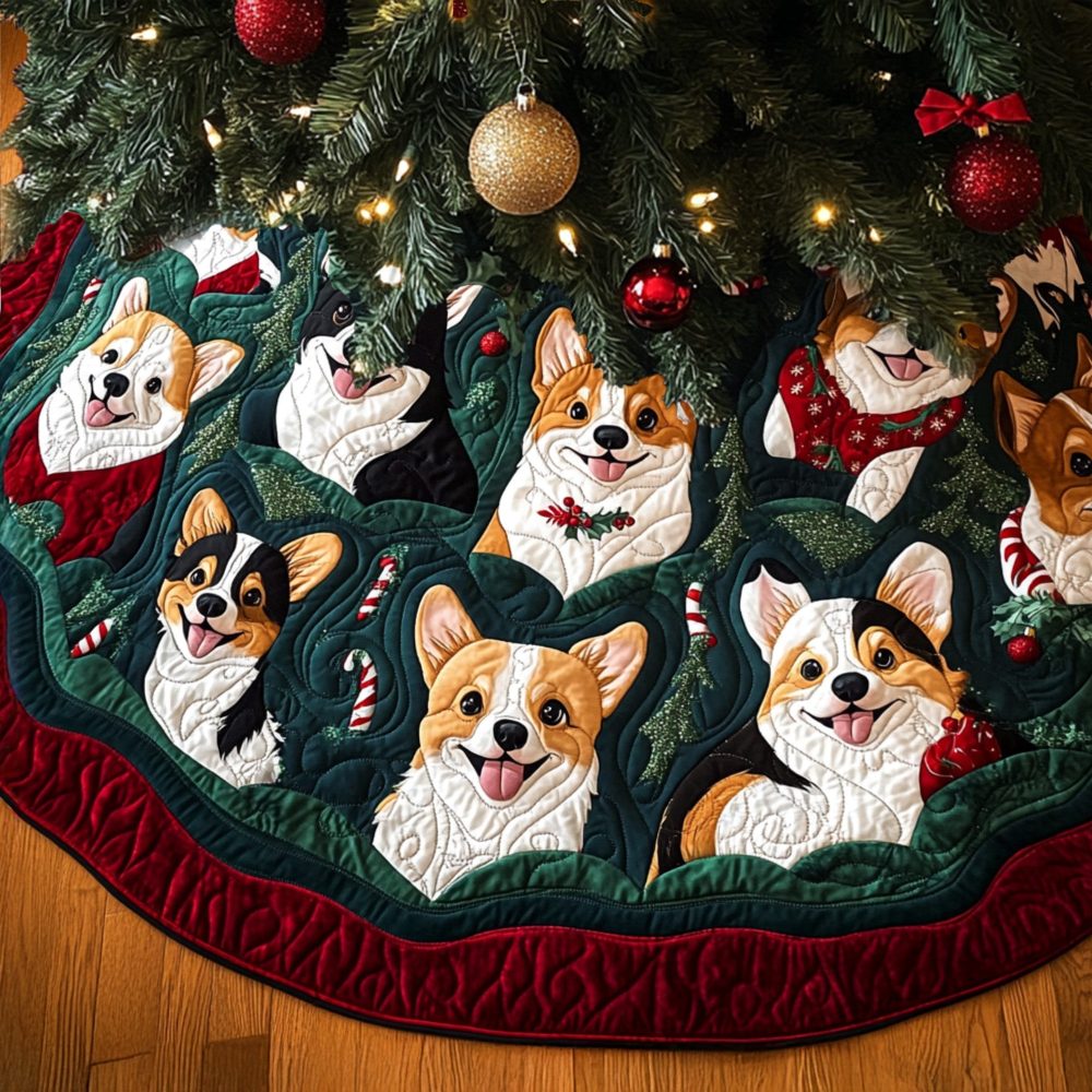 Glow-Accented Quilted Christmas Tree Skirt With Merry Corgi Design — Soft 48In Holiday Base For Festive Decor