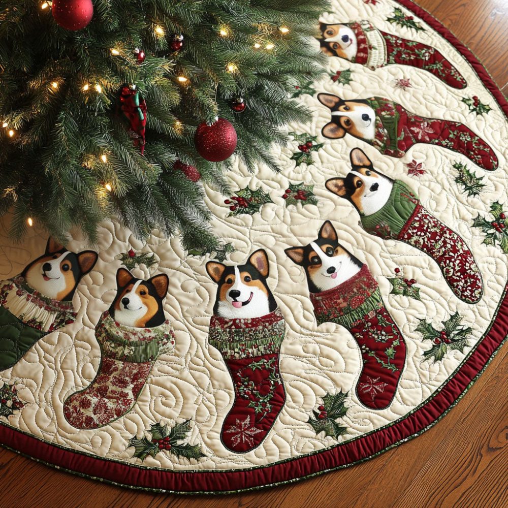 Merry Corgi Magic Quilted Tree Skirt — Corgi Dog Christmas Base, Adorable Holiday Pet Design, Plush Quilting & Easy Care